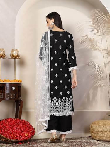 Stylum WomenS Black Ethnic Printed Rayon A-Line Kurta Palazzo Dupatta Set