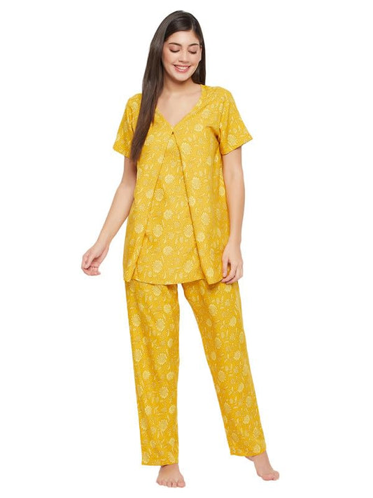 Clovia Womens Rayon Printed Feeding Nightsuit (LS0263F02_Yellow_S)