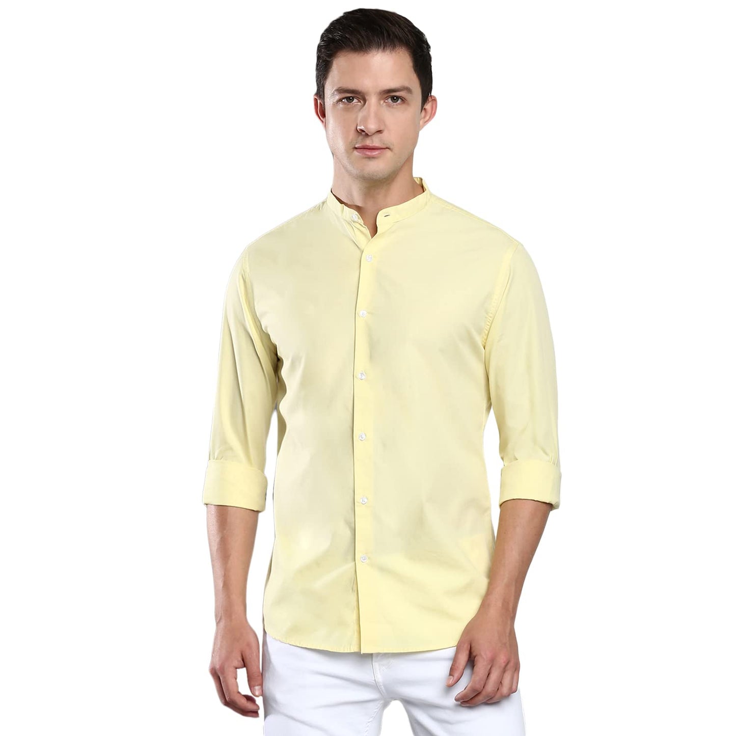 Dennis Lingo MenS Solid Chinese Collar Dusty Lemon Casual Shirt