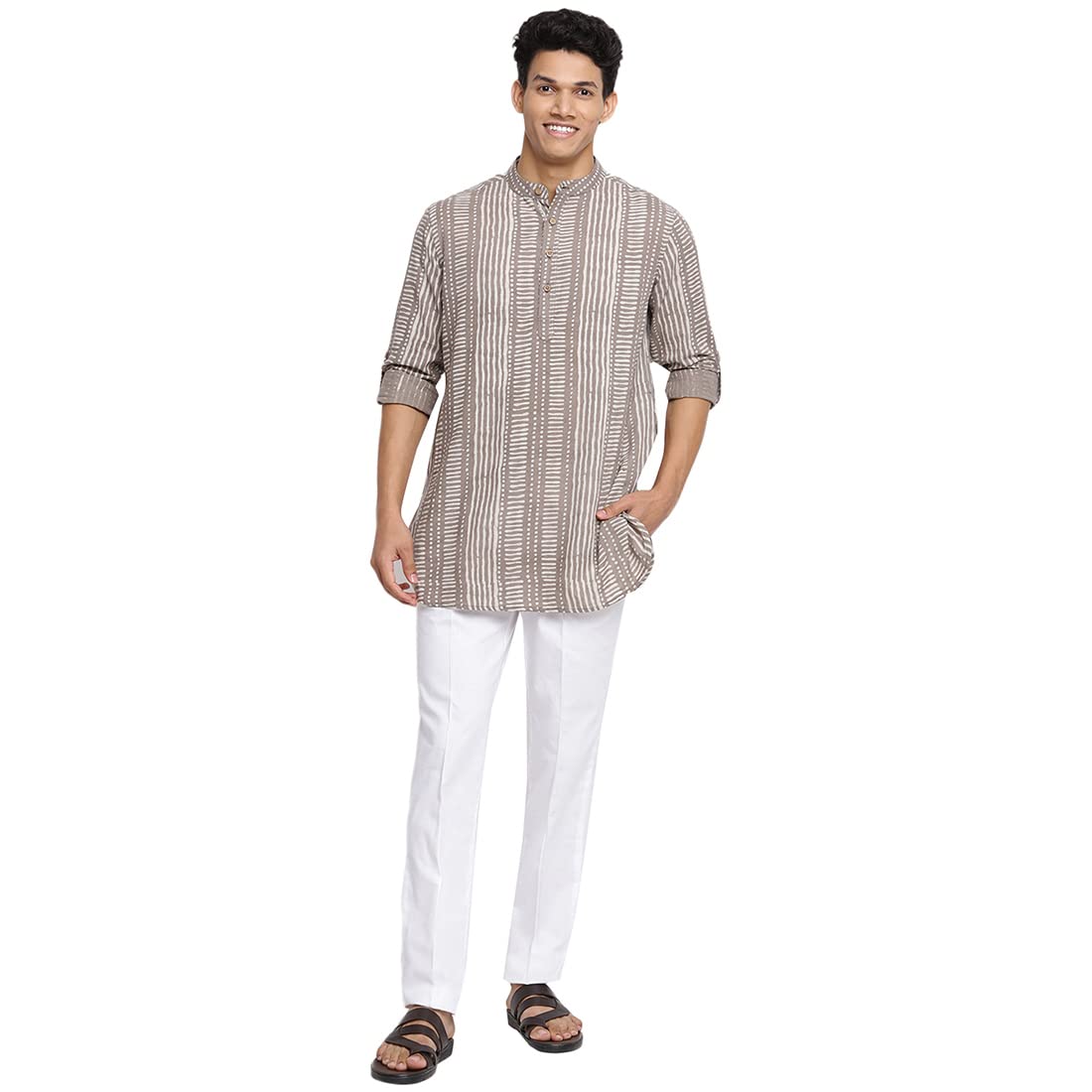 Fabindia Men Cotton Printed Slim Fit 2Pc Set Beige_S