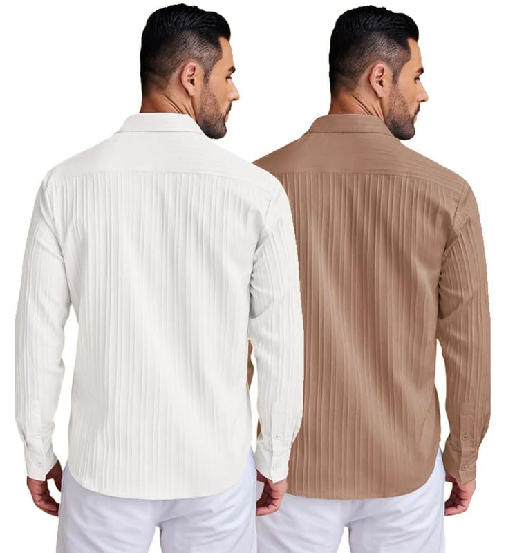 Deelmo Combo Of MenS Casual Button Down Shirts Long Sleeve Linen Shirt Fashion Textured Summer Shirts Pack Of 2
