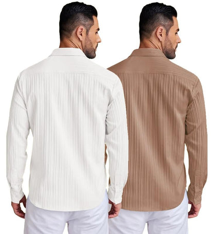 Deelmo Combo Of MenS Casual Button Down Shirts Long Sleeve Linen Shirt Fashion Textured Summer Shirts Pack Of 2