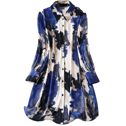 Gufrina WomenS Rayon Dress With Long Puff Sleeves Mandarin Collared Neck Tie Die Printed A-Line Style Regular Fit And Knee Leng