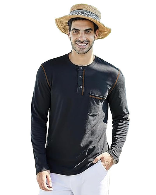 Nobel Monk MenS Solid Regular T-Shirt |Henley Neck Full Sleeve T Shirts For Men Black