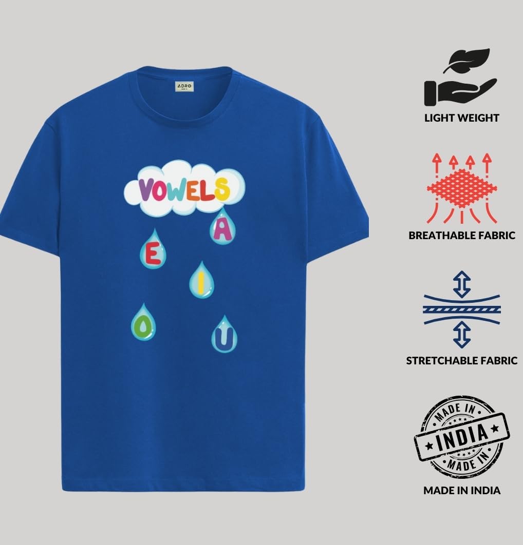 ADRO T Shirts for Boys & Girls || Vowels Learning Printed T-Shirt || Ages 3-14 || 100% Cotton Round Neck Tshirt for Boys & Girls