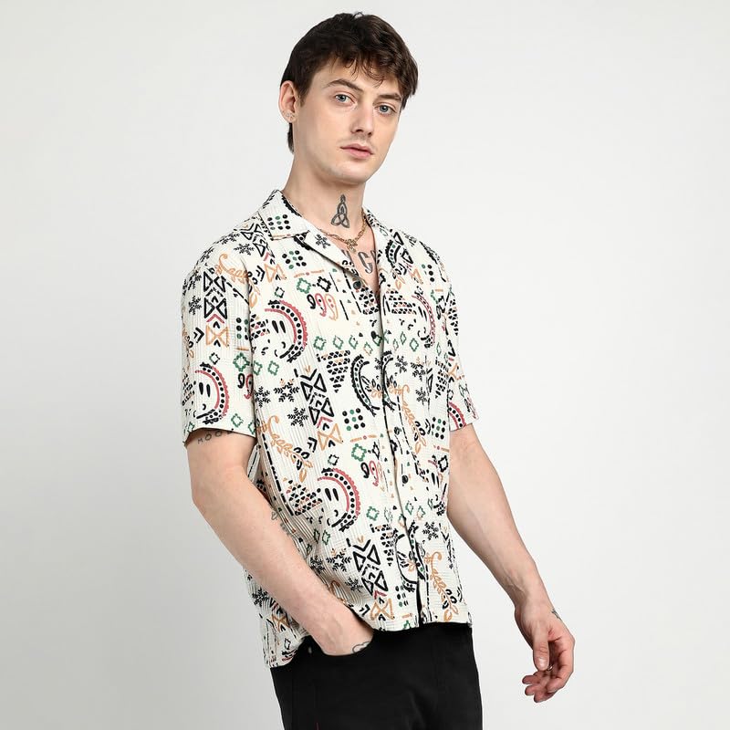 Campus Sutra Mens Off-White Oversized Bohemian Shirt for Casual Wear | Cuban Collar | Short Sleeve | Button Closure | Shirt Cra