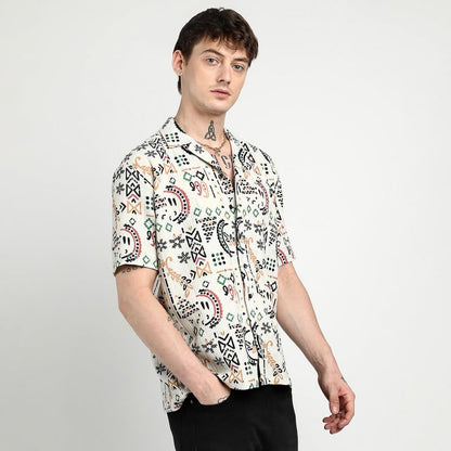 Campus Sutra Mens Off-White Oversized Bohemian Shirt for Casual Wear | Cuban Collar | Short Sleeve | Button Closure | Shirt Cra