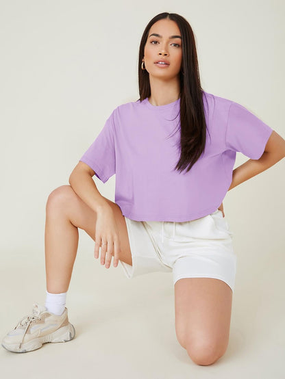 Kotty WomenS Solid Cotton Blend Oversized Crop T-Shirts