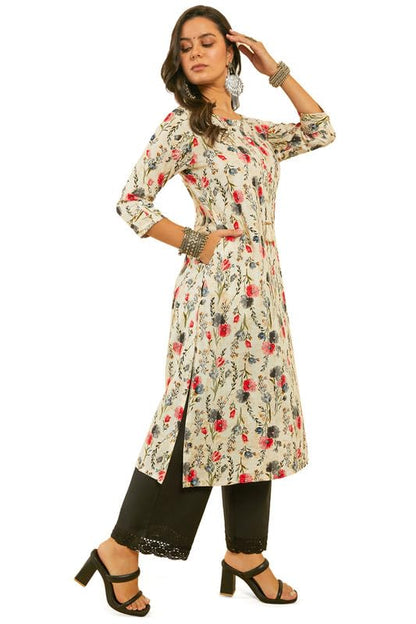 Soch Womens Grey Floral Print Rayon Straight Kurta With Kantha Weave