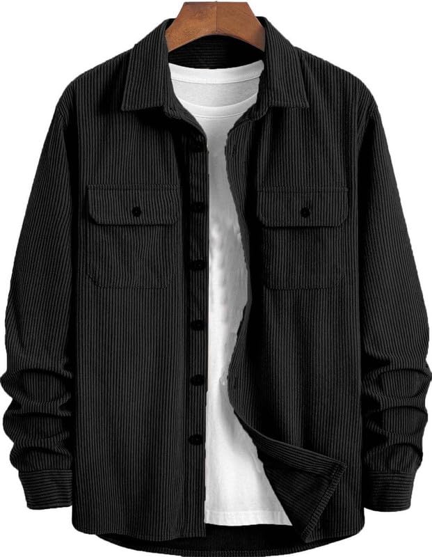 Deelmo MenS Full Sleeve Corduroy Shirt | Stylish Textured Casual Button-Down Shacket For Autumn Winter | Dual Pocket Front Desig
