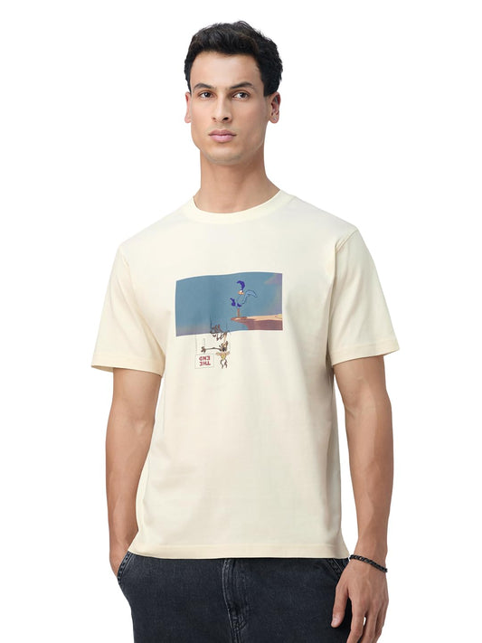 The Souled Store Looney Tunes: The End Men and Boys Short Sleeves Round Neck Off White Graphic Printed Cotton Relaxed Fit Breath