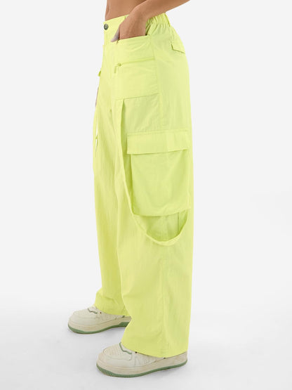 The Souled Store Lime Women & Girls Buttoned Solid Nylon Loose Fit Parachute Pants
