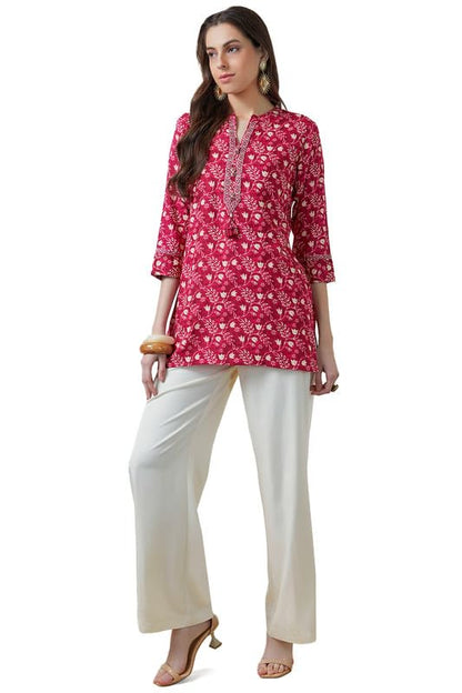 Soch Womens Fuchsia Rayon Botanical Print Tunic with Mirror Work
