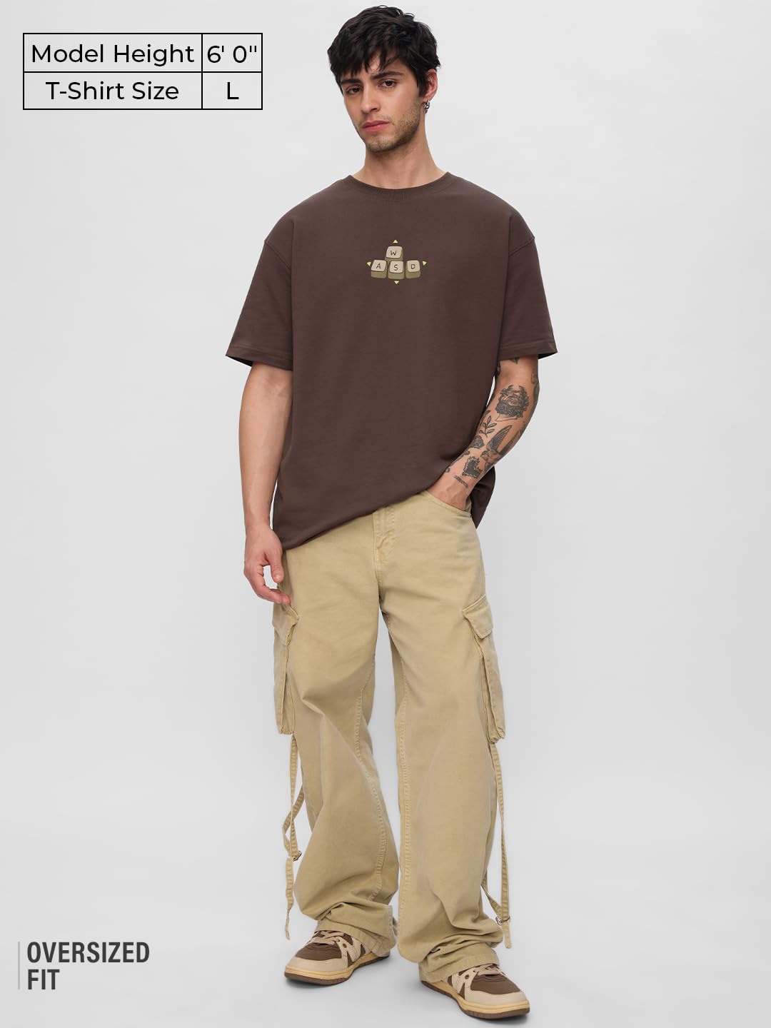 The Souled Store Built to Play Men and Boys Short Sleeves Round Neck Brown Graphic Printed Cotton Oversized T-Shirts