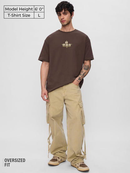 The Souled Store Built to Play Men and Boys Short Sleeves Round Neck Brown Graphic Printed Cotton Oversized T-Shirts