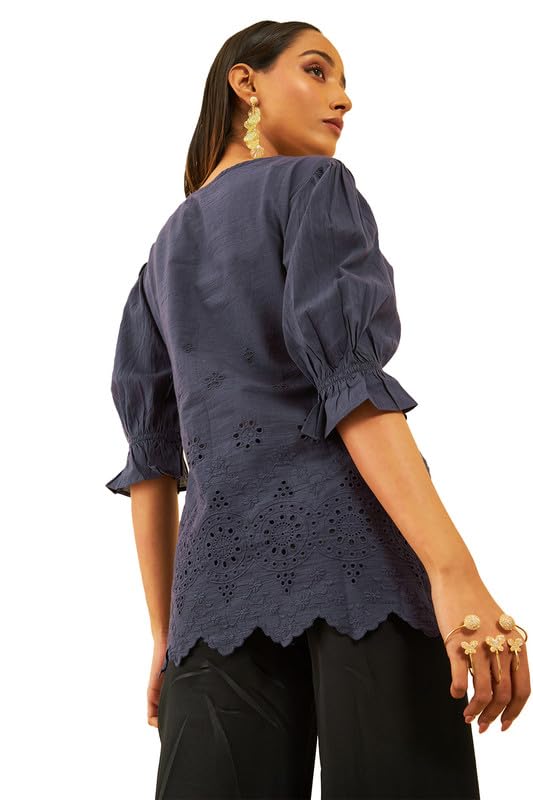 Soch Womens Blue Cotton Floral Schiffli Design Puff Sleeves Tunic