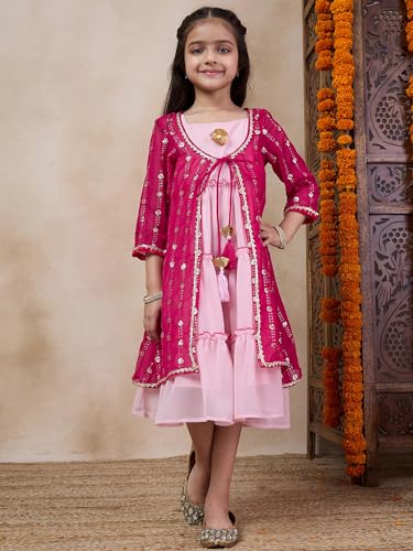 Pspeaches Girls Georgette A-Line Calf Length Dress (IW-RANIGGTSEQ_Pink