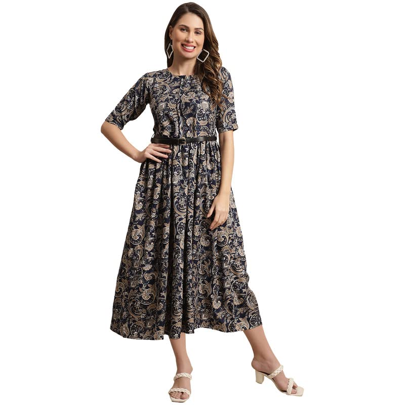 Preneum WomenS Georgette Floral Printed 3/4 Slevees A-Line Fit & Flare Gown With Beltindo-Western Ethnic Gown || A-Line Maxi Dr