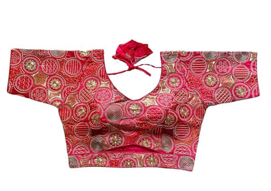 Pujia Mills Womens Blouse Readymade Blouse Embroidery Multi Coding Gold Thread Blouses Handwork Pink Color Readymade Saree Blou