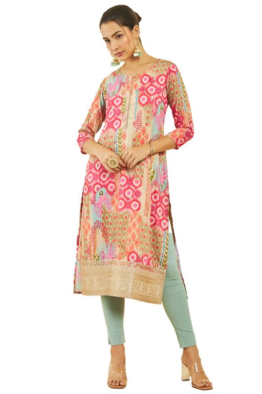 Soch Womens Multicolour Muslin Printed Straight Kurta with Floral Embroidery