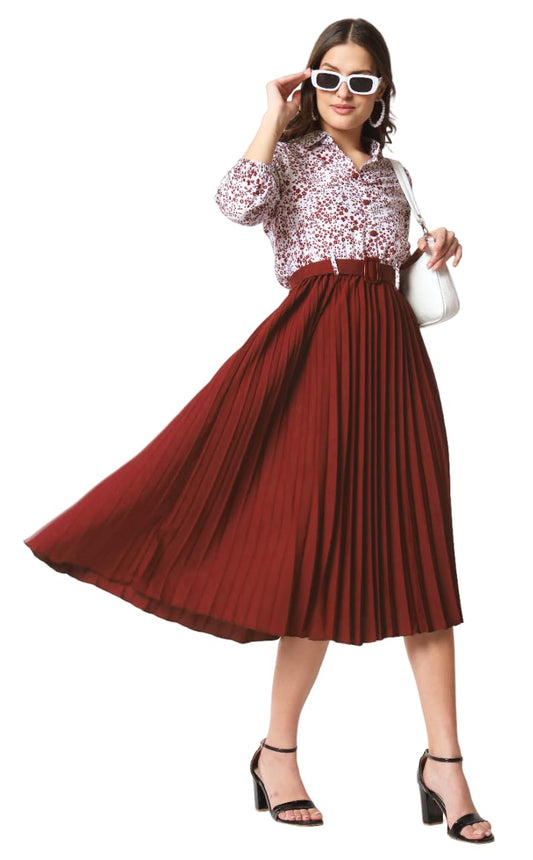 Kzully WomenS Print 3/4 Sleeve Pleated Midi Dress With Belt Maroon