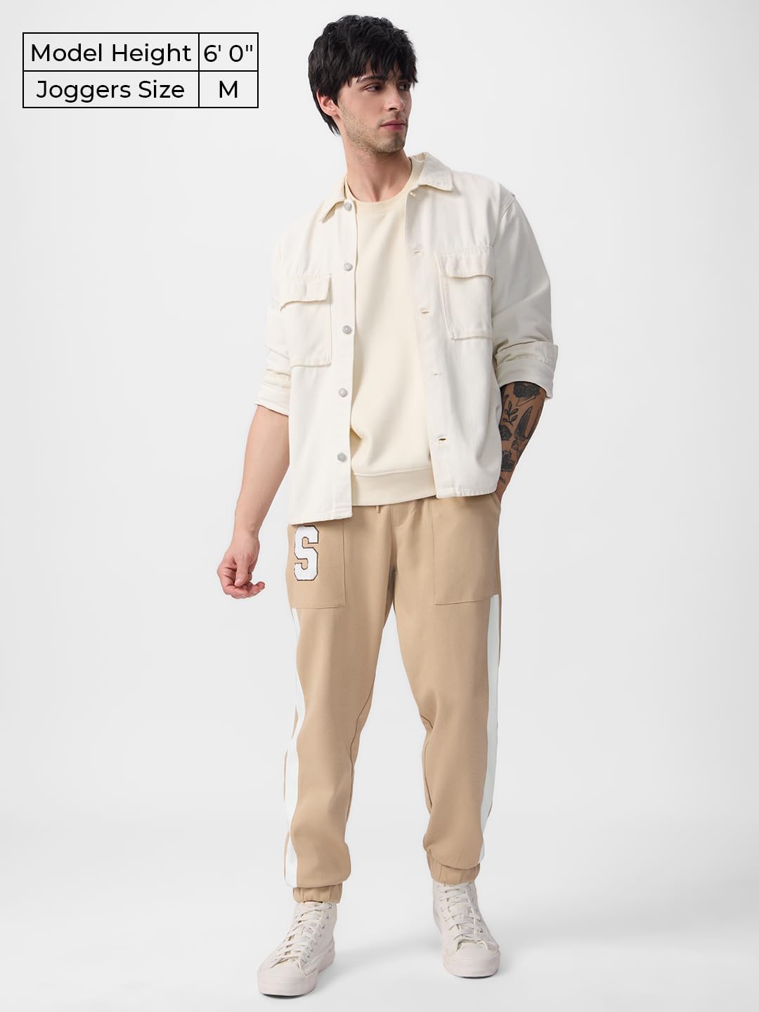 The Souled Store Souled Men and Boys Drawstringed Beige Embroidered Cotton Baggy Fit Joggers