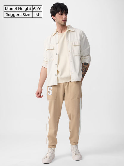 The Souled Store Souled Men and Boys Drawstringed Beige Embroidered Cotton Baggy Fit Joggers