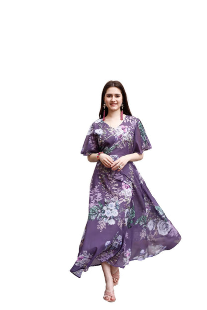 SMOWKLY Womens Georgette Floral Printed Indo-Western Ethnic Gown || Half Sleeve V Neck Fit & Flare Flared Hem Design || Casual