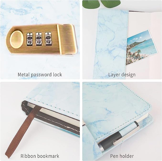 AccuPrints Marble Pattern Lock Diary Writing Notebook,A5 Fancy PU Leather Planner, Personal journals Combination Lock Secret,Gif