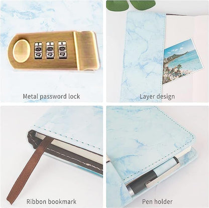 AccuPrints Marble Pattern Lock Diary Writing Notebook,A5 Fancy PU Leather Planner, Personal journals Combination Lock Secret,Gif
