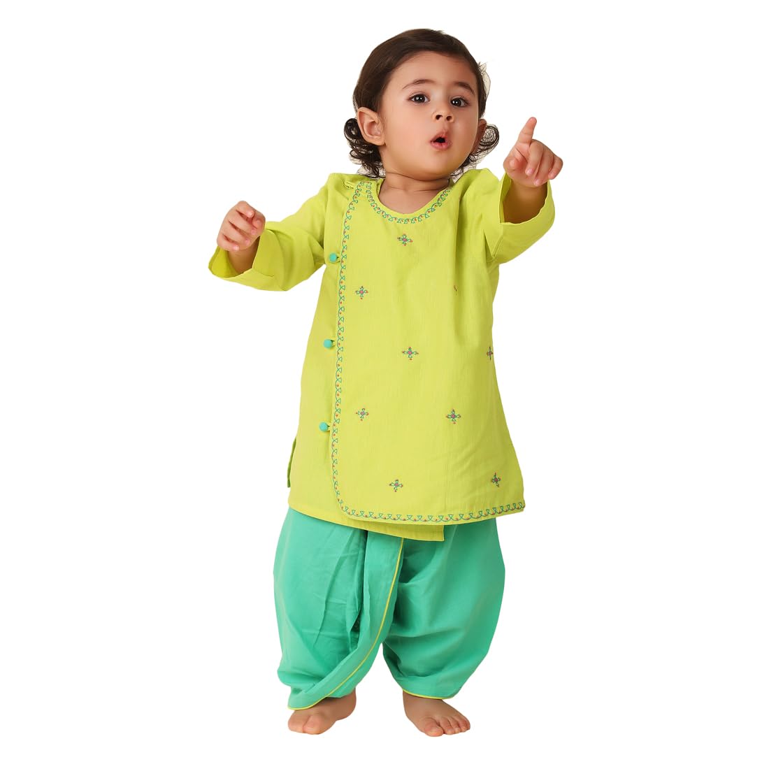 Fabindia Green Cotton Embroidered Angrakha Dhoti Set, Lime (12-18M)