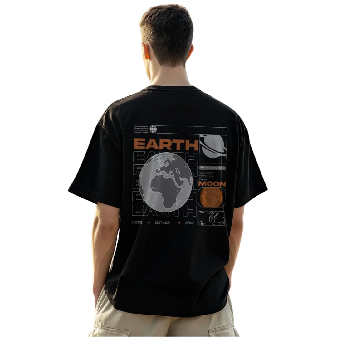 Nobero MenS Graphic Print Oversized Fit T-Shirt (1M-Twrt-C1018-Bl_Earth And Moon Connection-Black