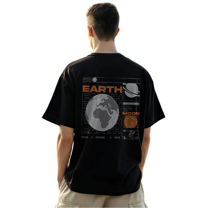Nobero MenS Graphic Print Oversized Fit T-Shirt (1M-Twrt-C1018-Bl_Earth And Moon Connection-Black