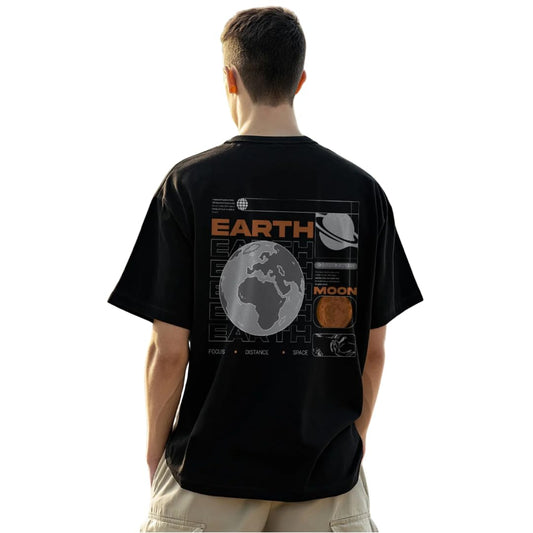 Nobero MenS Graphic Print Oversized Fit T-Shirt (1M-Twrt-C1018-Bl_Earth And Moon Connection-Black