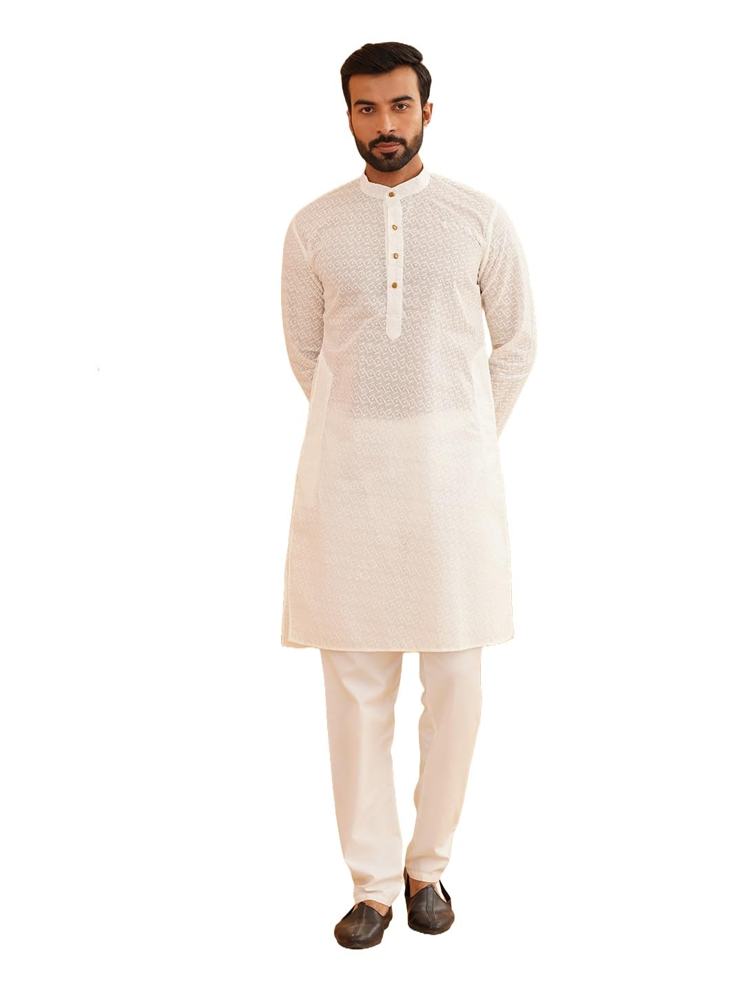 SOJANYA (Since 1958 Men's Ethnic Motifs Embroidered Thread Work Pure Cotton Cream Straight Kurta With Churidar