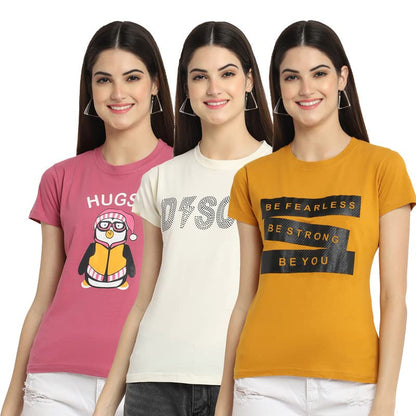 Preneum Womens Cotton Regular Fit Latest Graphic Stylish Printed Short Sleeves Casual T-Shirt || Latest Trendy & Styles (Pack 3