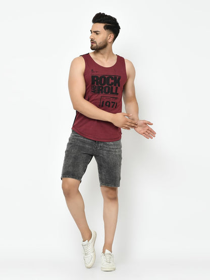 Rigo Men Maroon Black Placement Print with Curved Bottom Cotton Sleeveless T-Shirt Vest | Round Neck Sleeveless Vest