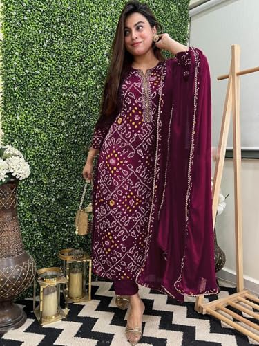 GoSriKi Ladies Viscose Rayon Bandhej Kurta Set with Trousers & Dupatta, XL, Wine, Model TURAE-RED-G8S