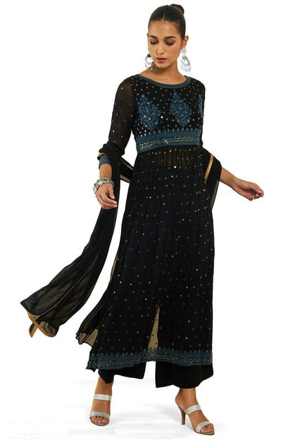 Soch Womens Black Georgette Suit Set With Embroidery And Sequins