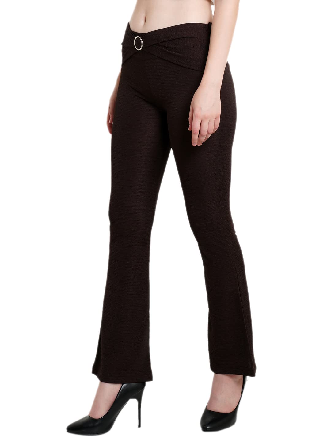 POPWINGS Solid Full-Length Polyester Regular-Fit Casual Bootcut Trouser Pants for Women for Casual Wear Chocolate Brown