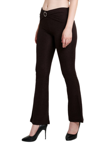 POPWINGS Solid Full-Length Polyester Regular-Fit Casual Bootcut Trouser Pants for Women for Casual Wear Chocolate Brown