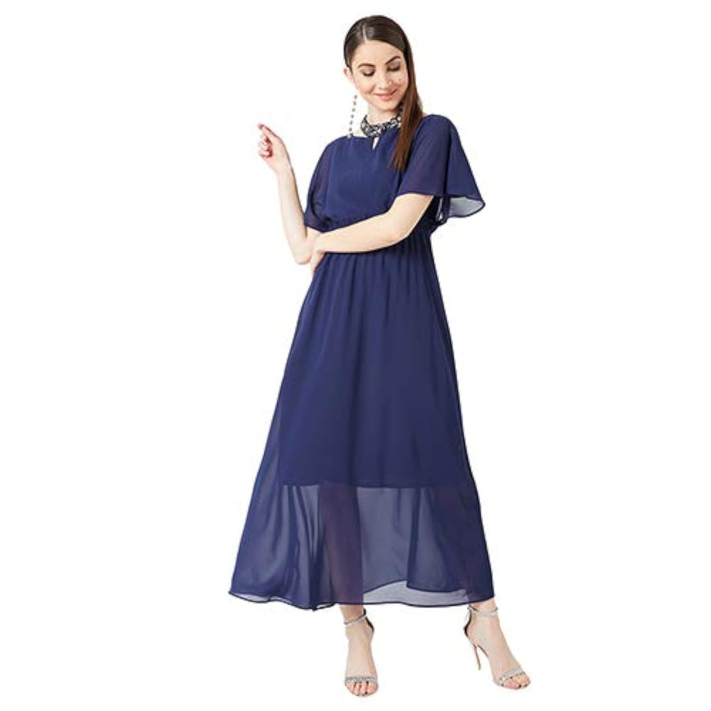 Miss Chase WomenS Navy Blue Flared Solid Embellished Gathered Maxi Dress(Mcss20D04-36-71-05;Navy Blue;Large)