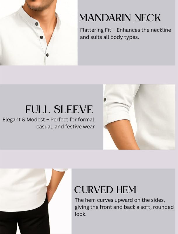 Deelmo MenS Cotton Blend Solid Regular Fit Full Sleeve Short Kurta | MenS Trendy Short Kurta White