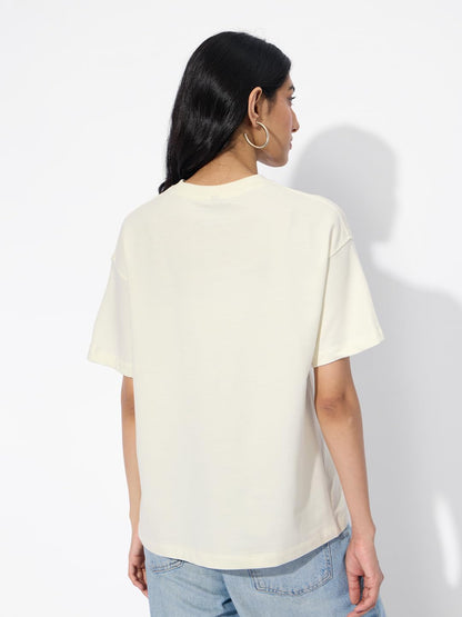 The Souled Store Mickey Mouse: Main Character Women and Girls Short Sleeves Round Neck Off White Graphic Printed Cotton Oversize