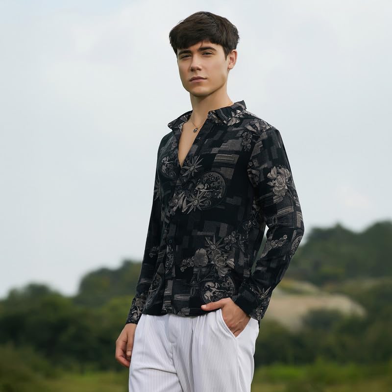 Campus Sutra Mens Midnight Black Bloom-Imprint Shirt for Casual Wear | Spread Collar | Long Cuffed Sleeves | Button Closure | S