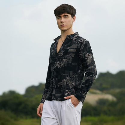 Campus Sutra Mens Midnight Black Bloom-Imprint Shirt for Casual Wear | Spread Collar | Long Cuffed Sleeves | Button Closure | S
