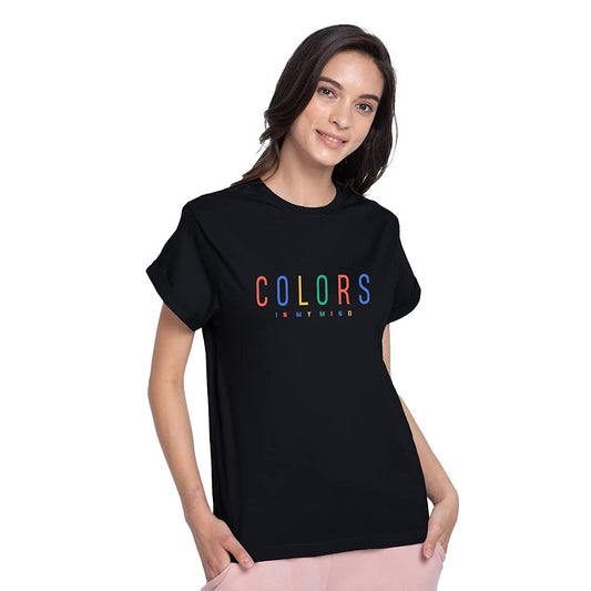 Bewakoof Women Color in My Mind Boyfriend Black Half Sleeve Round Neck Printed T-Shirt