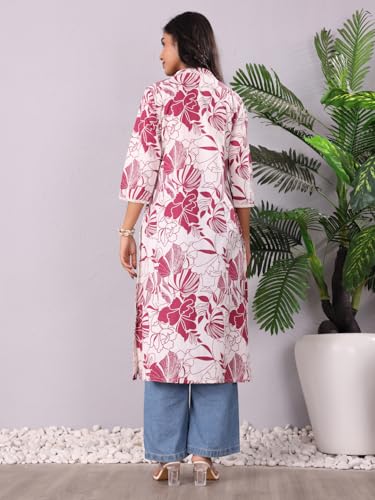 Varanga Women Bold Floral Printed Cotton Flex Kurta  Comfortable And Versatile For Everyday Looks Off White