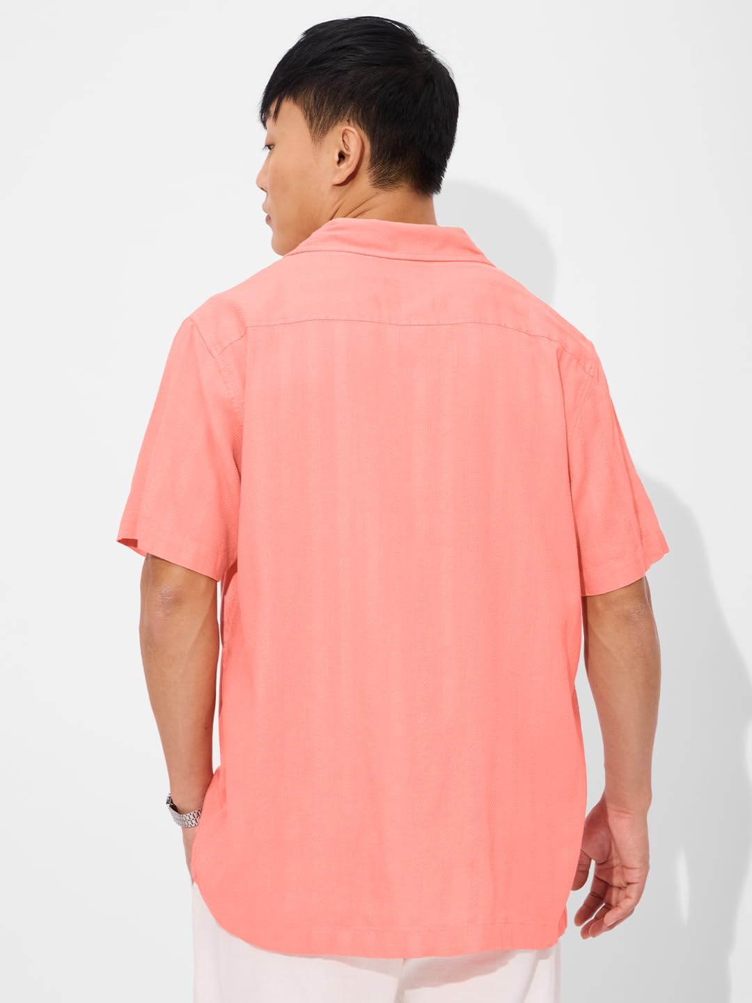 The Souled Store Solids: Peachy Pink Men and Boys Short Sleeves Collared Neck Button Down Solid Viscose Textured Holiday Shirts