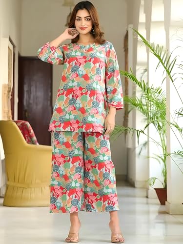 Pinkmint WomenS Pure Cotton Co Ord Set L Printed Stylish Top & Bottom Set L Wide-Leg Pant Loungewear L Day-To-Night Comfort Wea